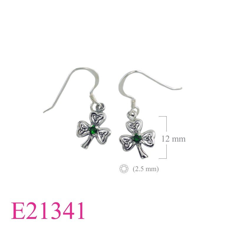Earrings, Trinity Shamrock with round Emerald Glass.