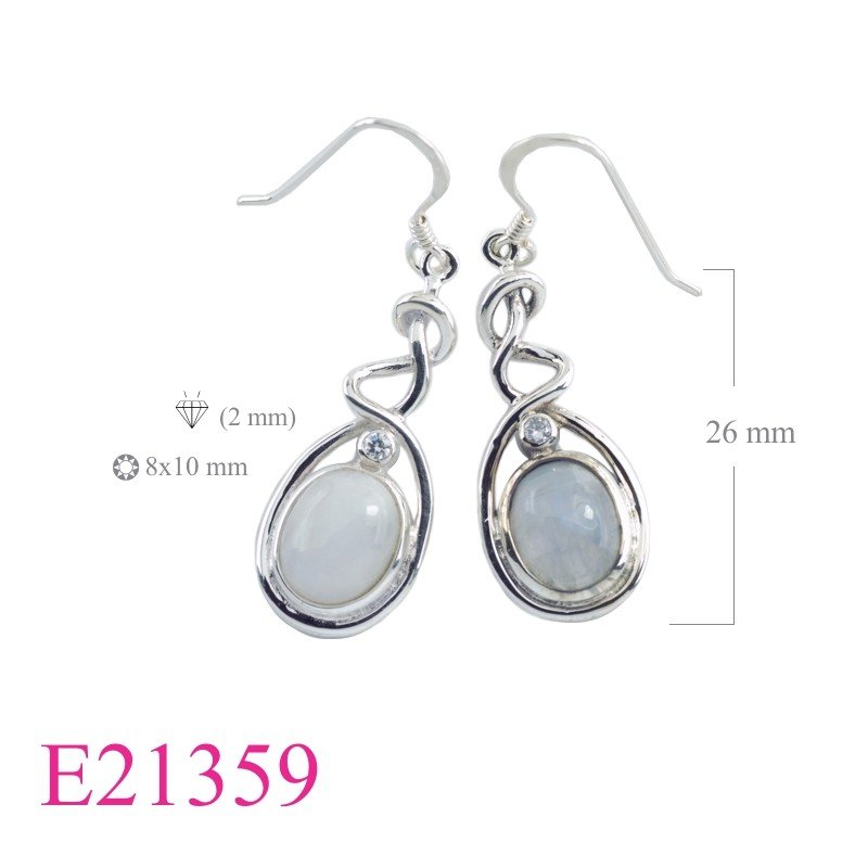 Moon Earrings, CZ Earrings, twist wires design with oval Moonstone and small CCZs.