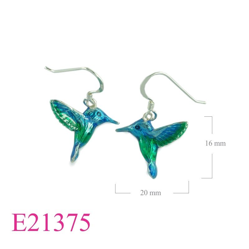 Earrings, enamel humming bird.