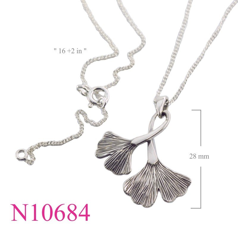 Necklace, 16 inches chain and dual ginkgo leaves.