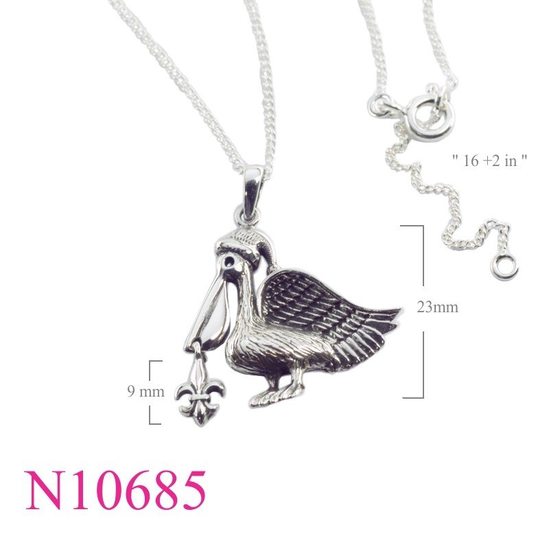Necklace, 16 inches chain with pelican.and hanging Fleur de lis.