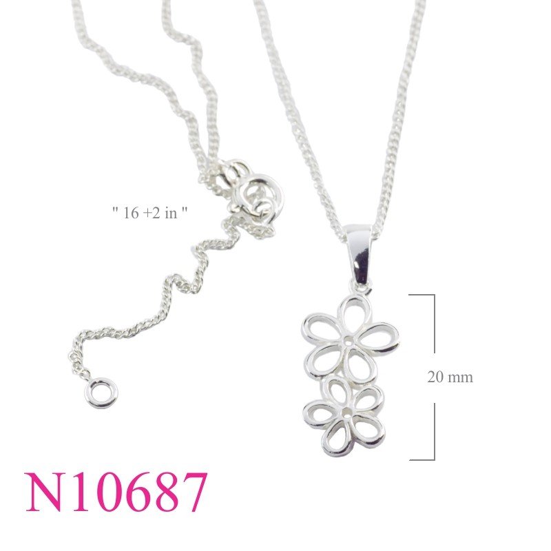 Necklace, 16 inches chain and 2 openwork flower charm.