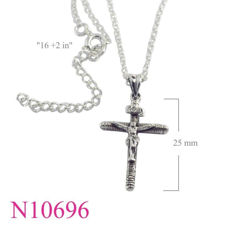 Necklace, 16 inches chain and crucifix charm.