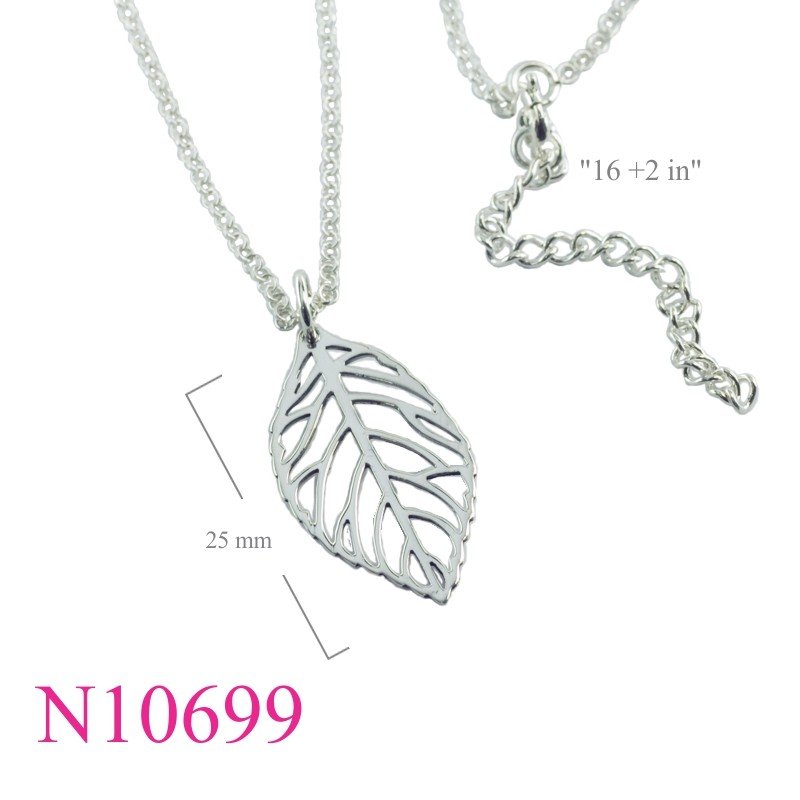 Necklace, 16 inches chain and openwork leaf charm.