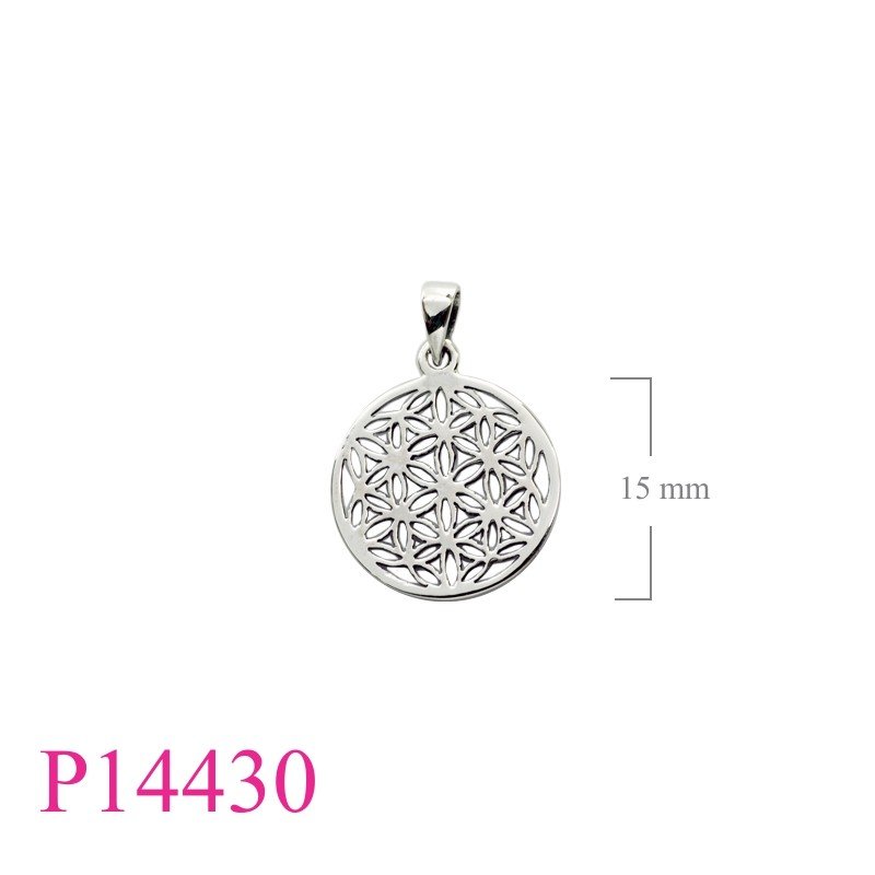 Pendant, 17mm flat round flower of life.