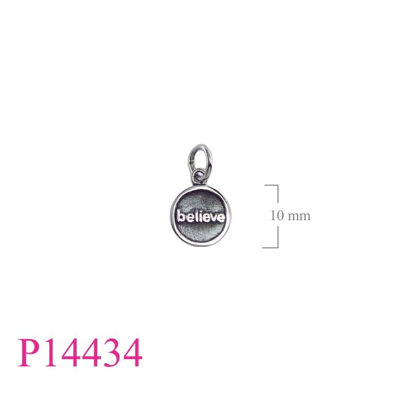 Pendant, 10mm round "believe" tag.