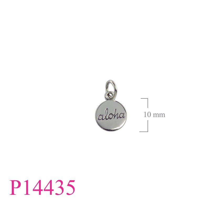 Pendant, 10mm round "aloha" tag.