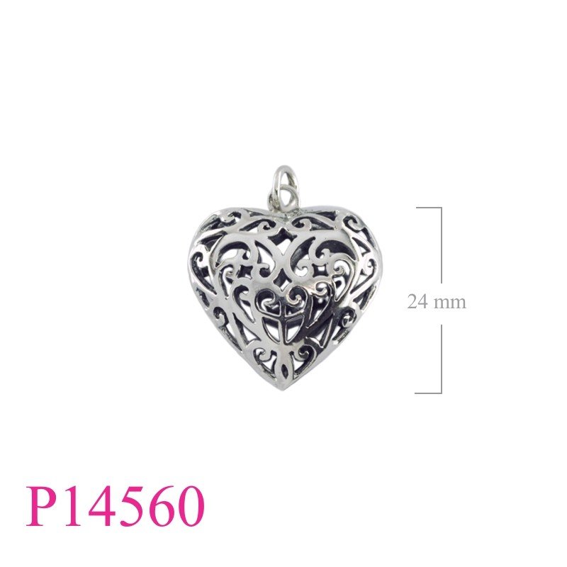 Pendant, 23mm openwork puff heart.
