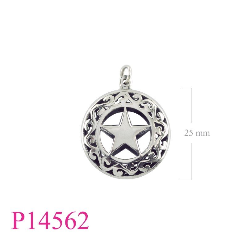 Pendant, 26mm round openwork puff star design..