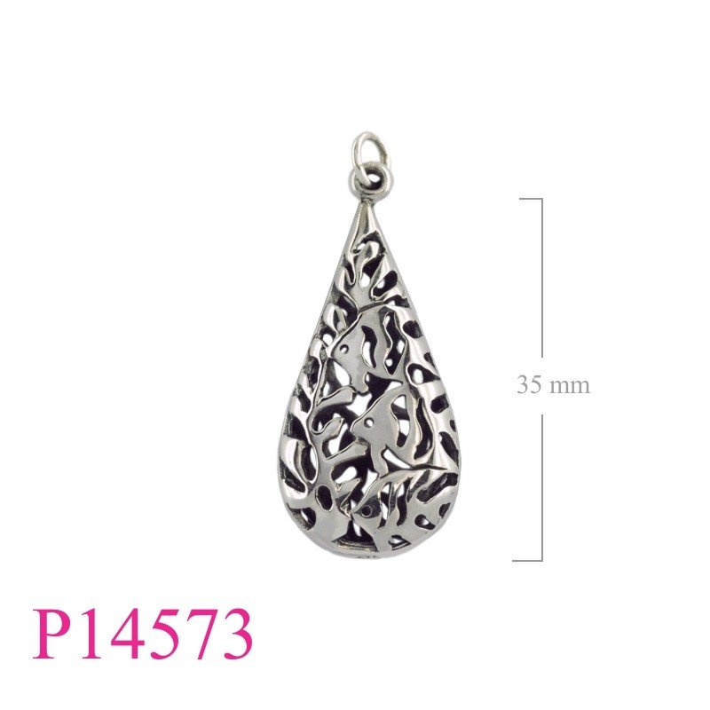 Pendant, 34mm openwork puff drop fish design.