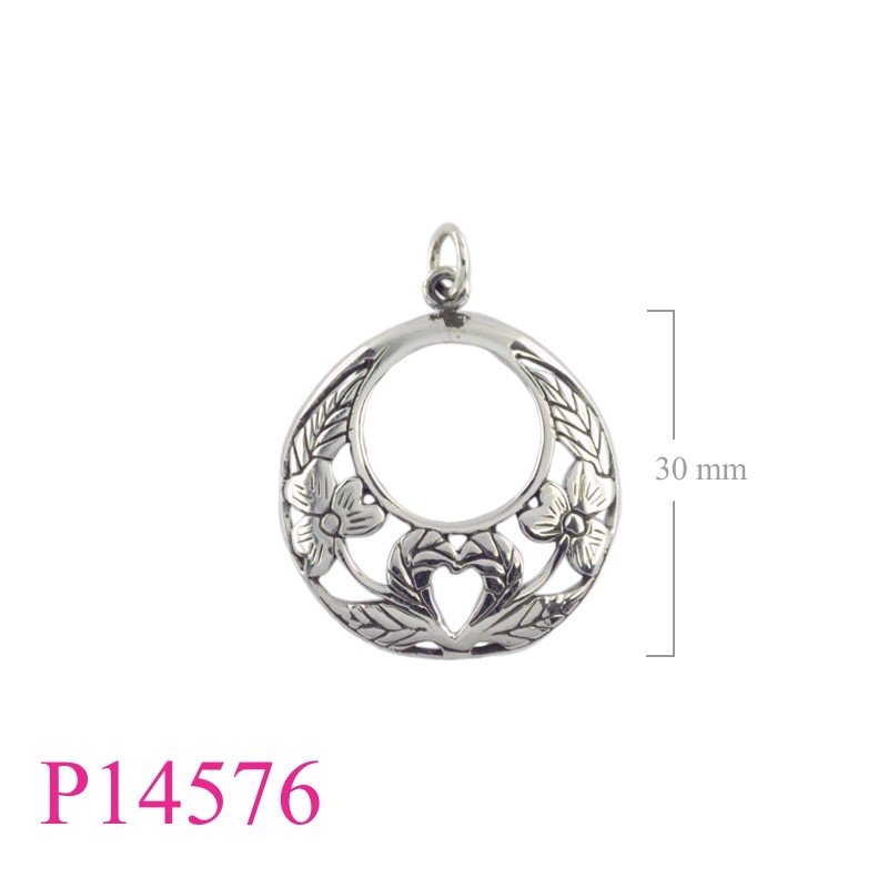<p>Pendant, 27mm round openwork flower design.</p>
