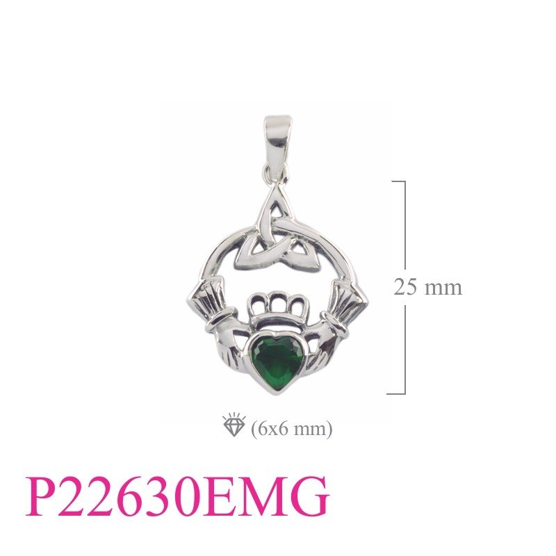 Claddagh Pendant, Heart Pendant, Trinity Claddagh with Emerald Glass .