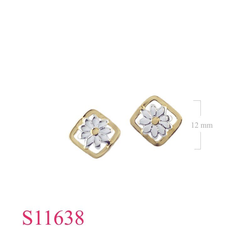 Earrings, flower in square.