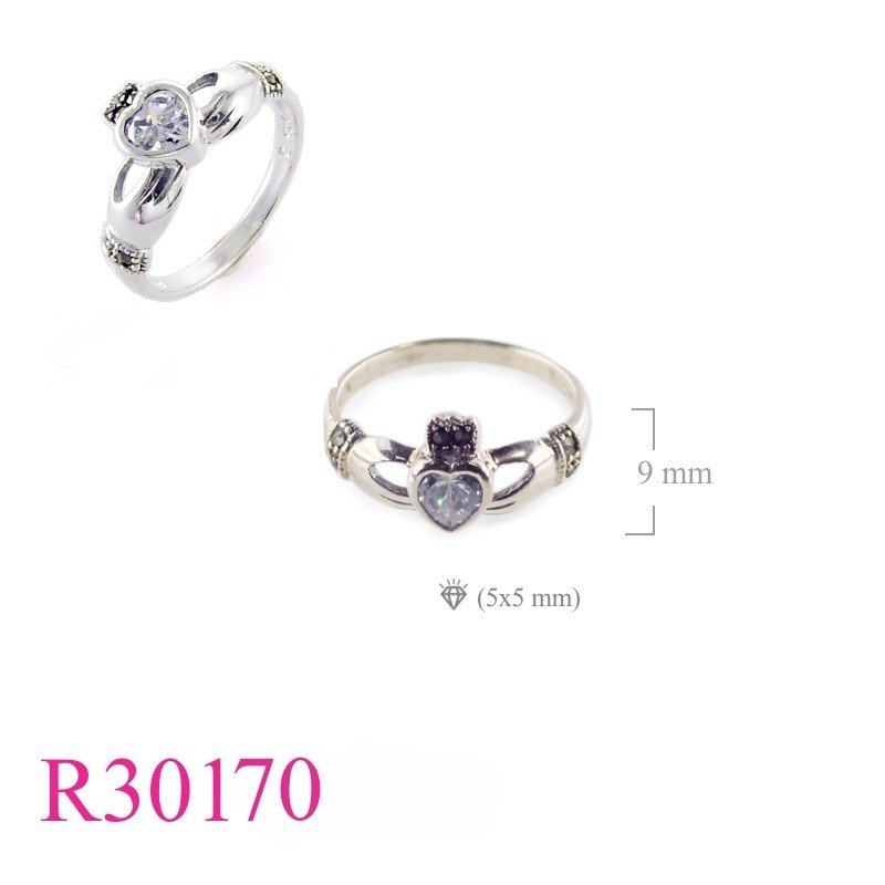Claddagh Ring, Heart Ring, Marcasite Ring, marcasite Claddagh with 5mm heart stone.