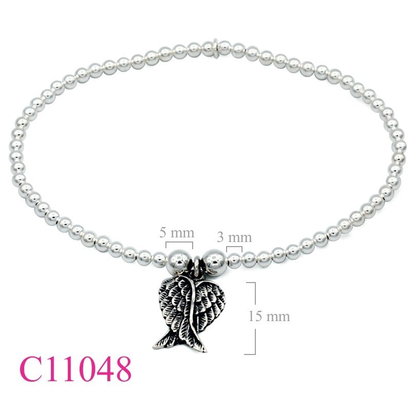 Bracelet, 3mm silver beads elastic string and guardian wings.