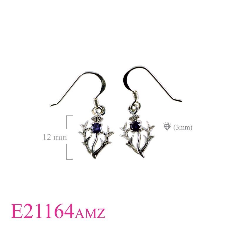 Thistle Earrings, CZ Earrings, Thistle with round Amethyst CZ stone