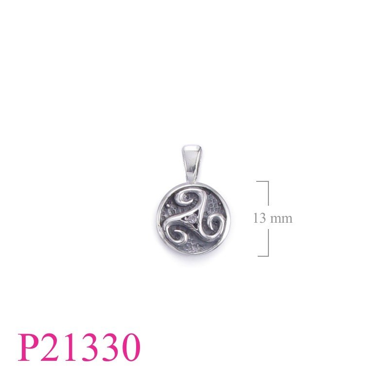 <p>Pendant, Triskellion on round with small stone.</p>