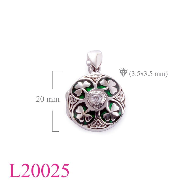 Shamrock Locket, round with 4 Shamrocks and heart stone.