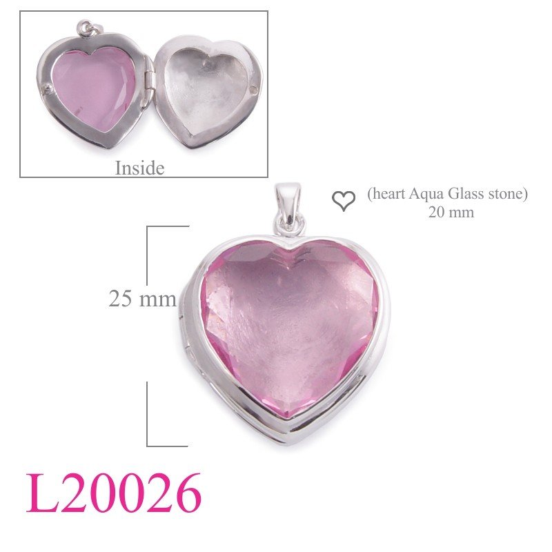 Heart Locket, 20mm  Aqua Glass stone.
