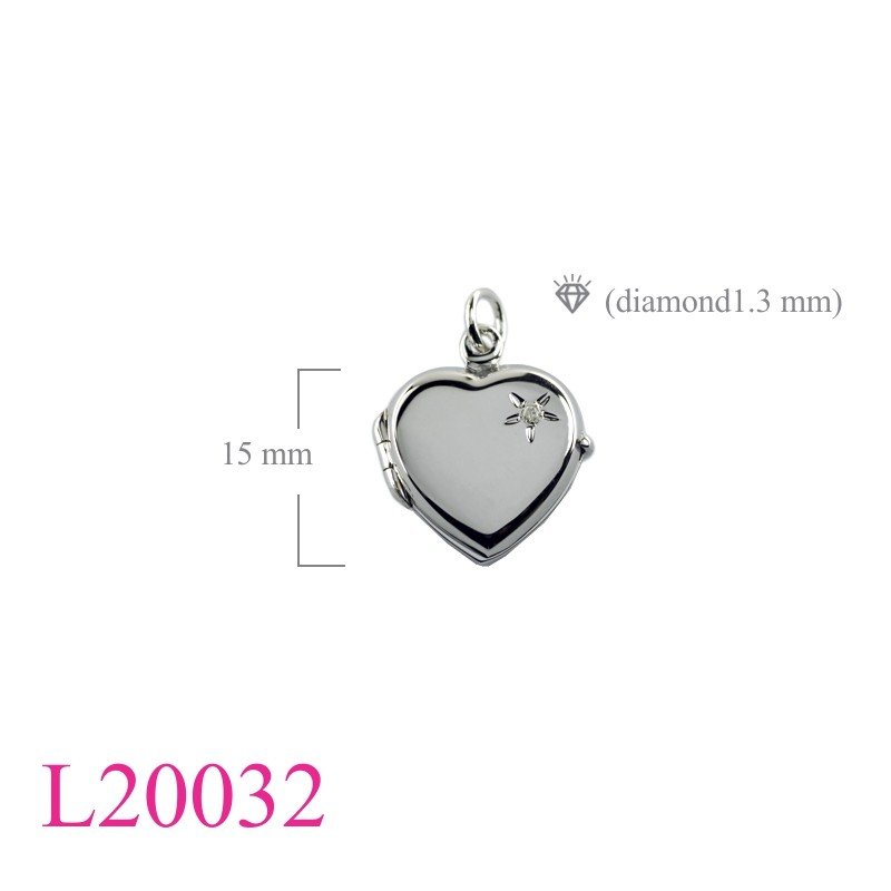 15mm Rhodium plated heart Locket with a small Real diamond