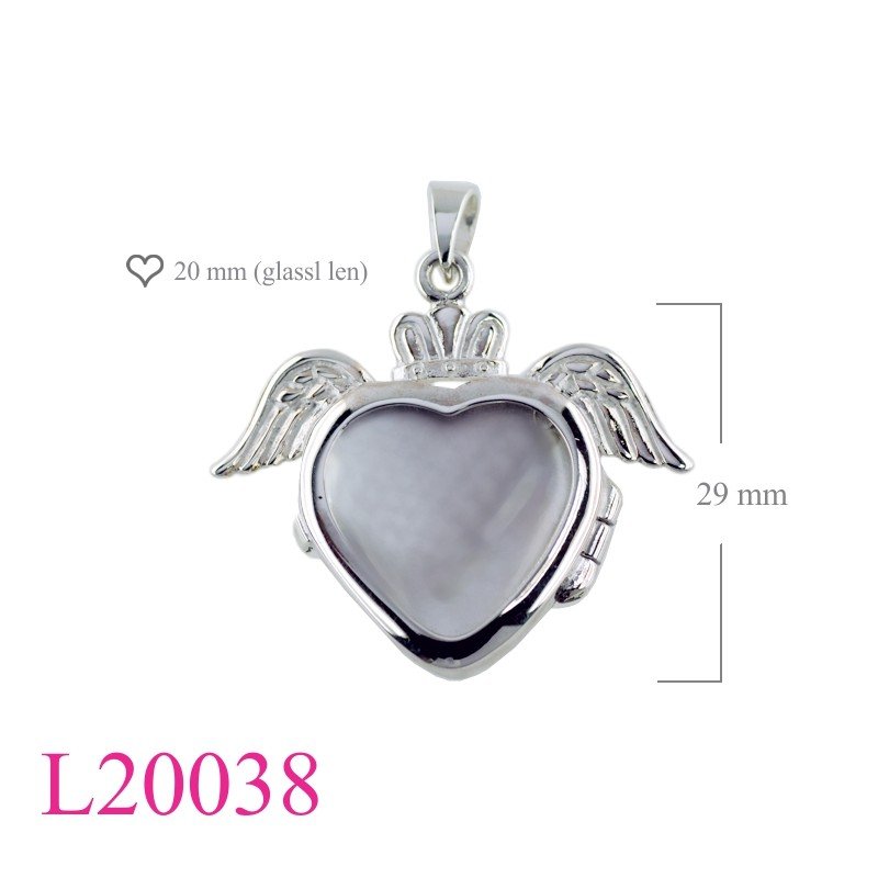 "Wing Locket, Heart Locket, 20mm heart Glass crown wing design."