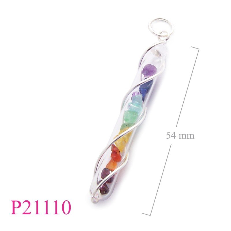 Pendant, chakra stones in glass tube.