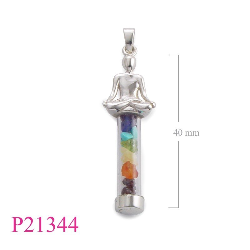Pendant, man with chakra stones in glass tube.