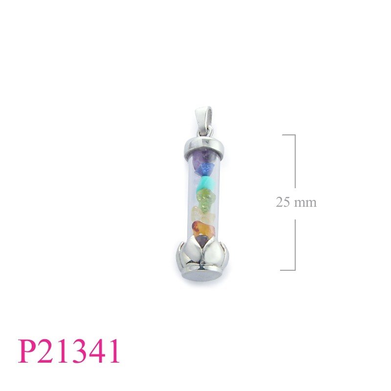 Lotus Pendant, Chakra Pendant, Lotus with  stones in glass tube.