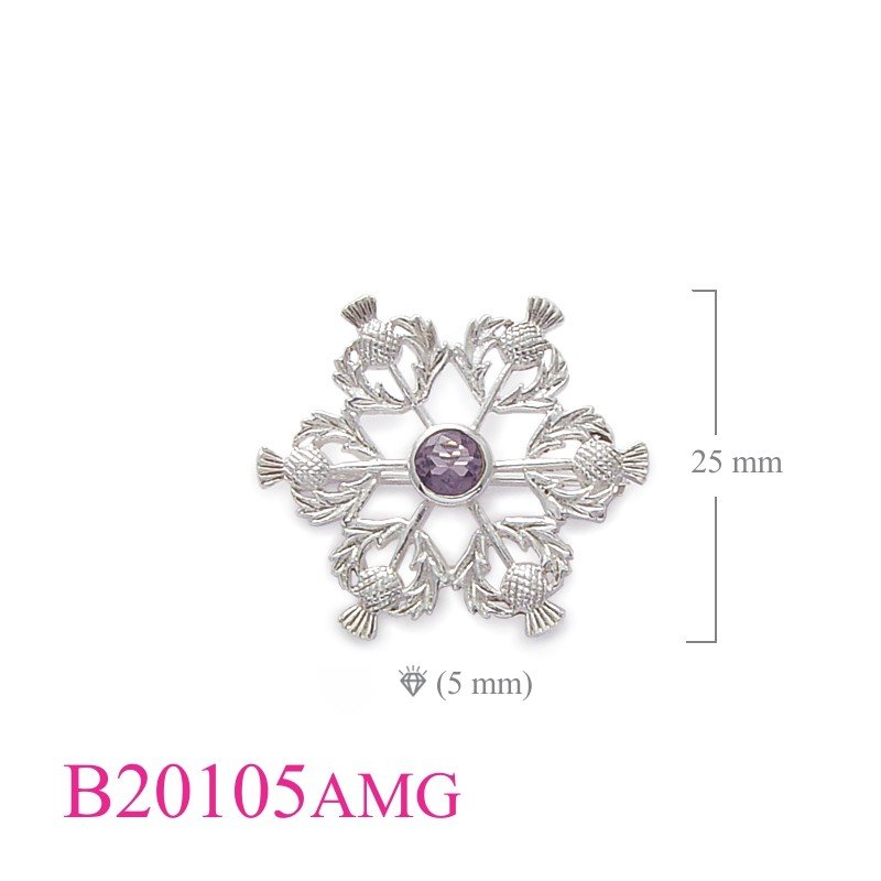 6 Thistles Brooch with 5mm round Amethyst colour Glass