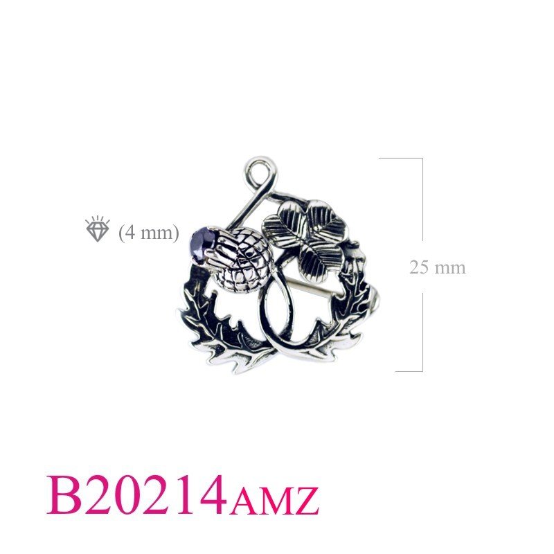 Thistle Brooch, Thistle and Shamrock desigh with Amethyst CZ.