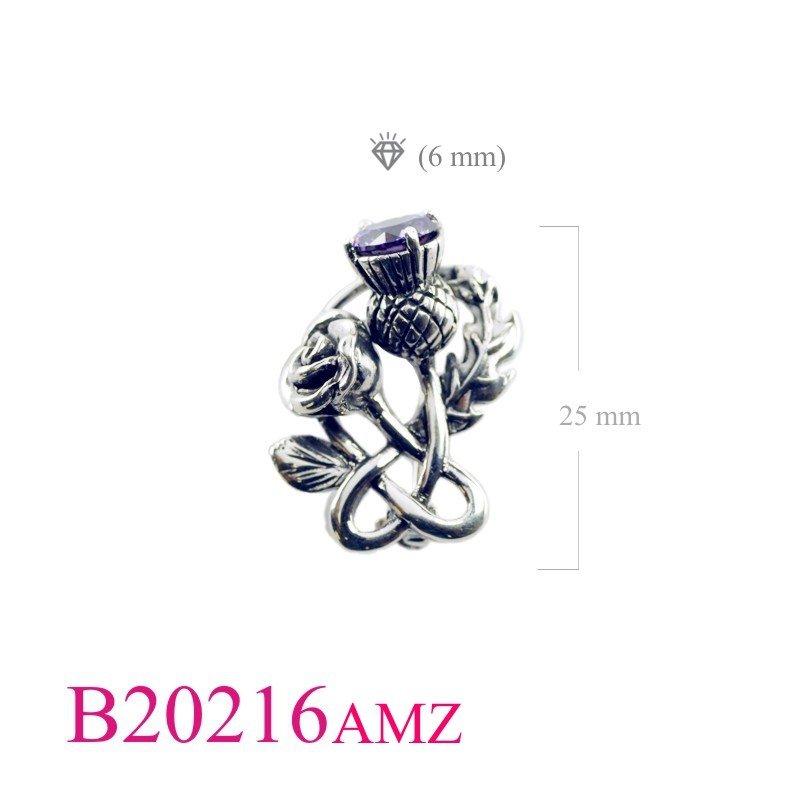 Rose Brooch, Thistle Brooch, CZ Brooch, Thistle and rose with Amethyst CZ stone.