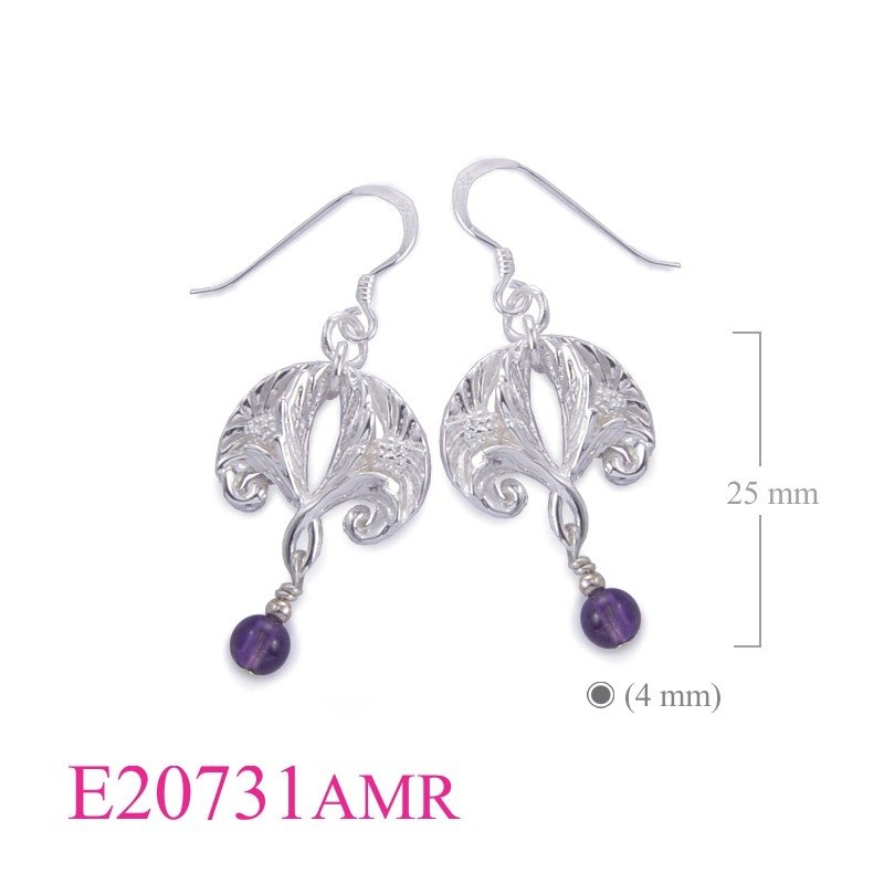 Earrings, small 3D double Thistles with Amethyst bead.