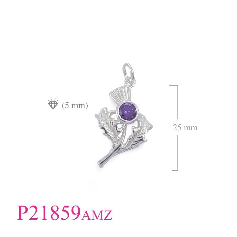 Thistle Pendant, CZ Pendant, Thistle with Amethyst CZ round stone.