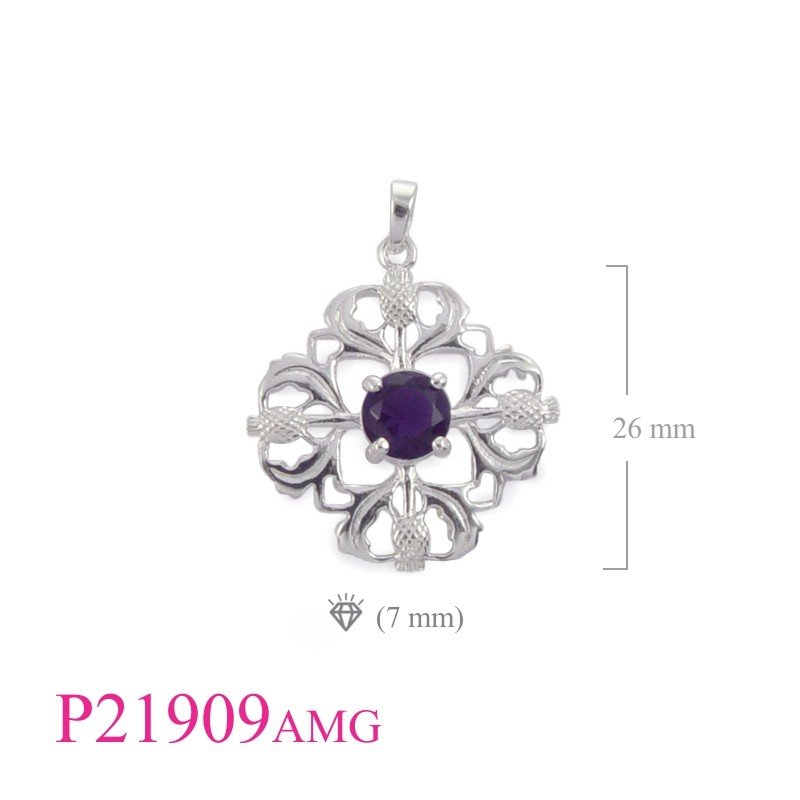 Pendant, 4 Thistles with round Amethyst Glass stone.