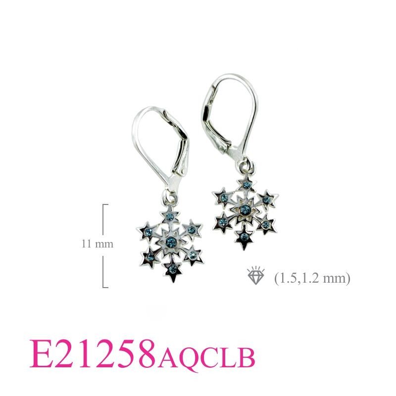 Earrings, snowflake with small Aqua Crystals and Lever back hook.