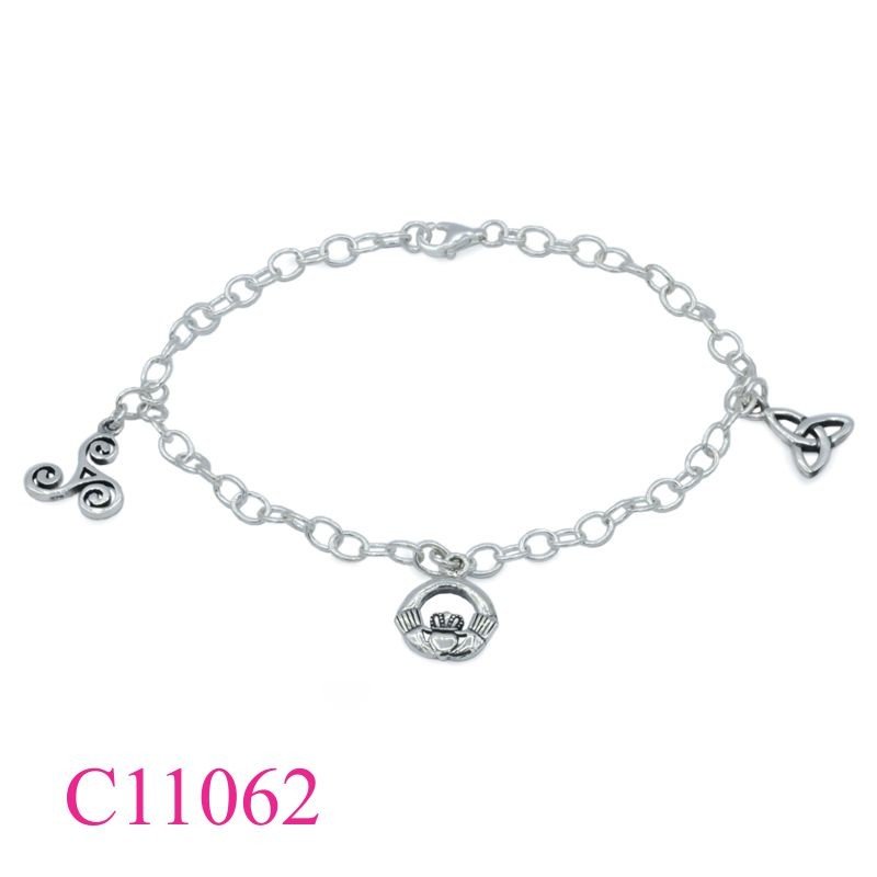 Claddagh Bracelet, Triskelion Bracelet,chain and hanging Claddagh, Trinity and Triskelion.