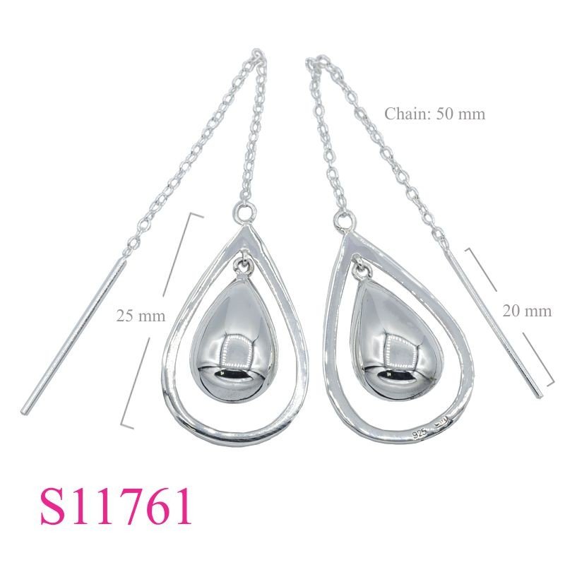 Earrings, puff drop chain thru.