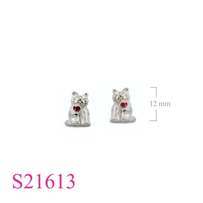 Cat Earrings, Heart Earrings, enamel  with red .