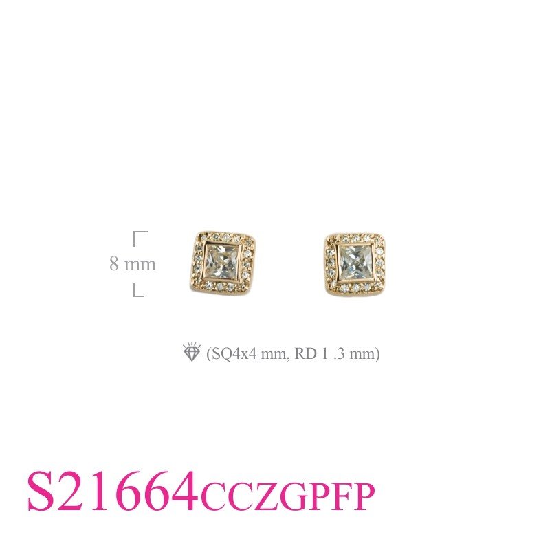 Gold Plated Earrings, CZ Earrings, square CCZ and small CCZs around with Flash Pink Gold plated.