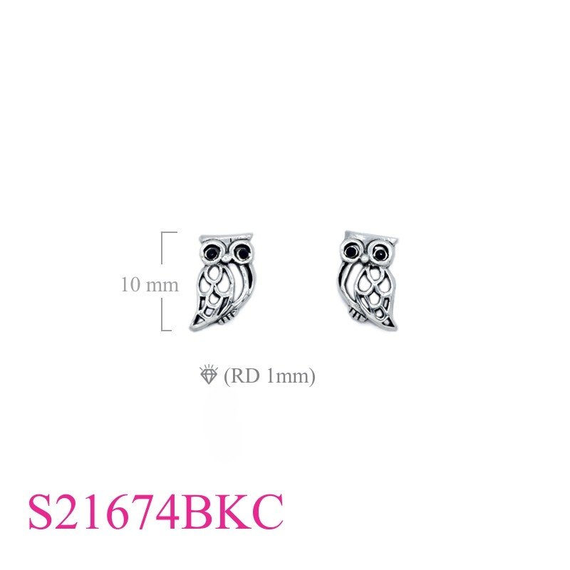 Earrings, openwork owl with Black crystals eyes.