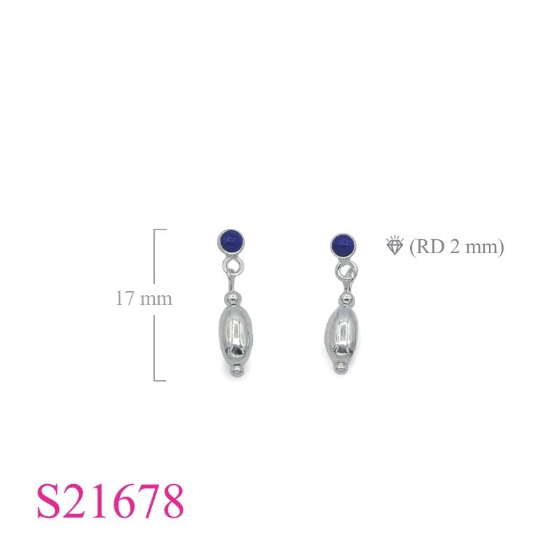 Earrings, 2mm stone stud and hangigng oval bead.