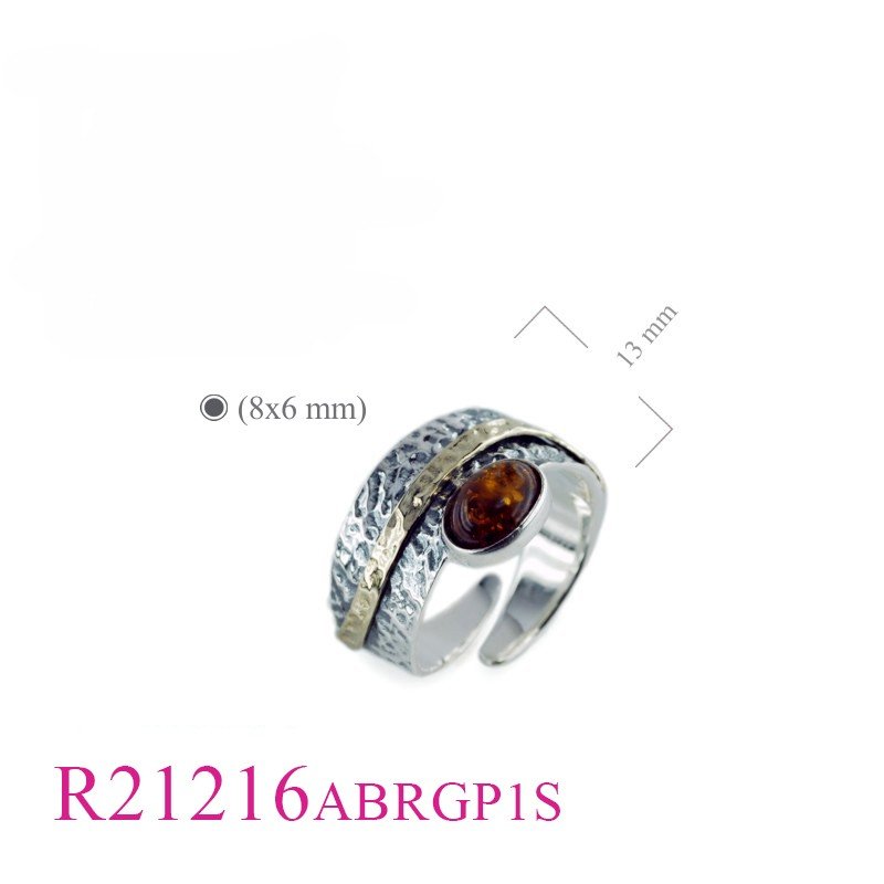Band Ring, 2 tones hammered and 1 micron Gold plated Brass wire with oval Amber.