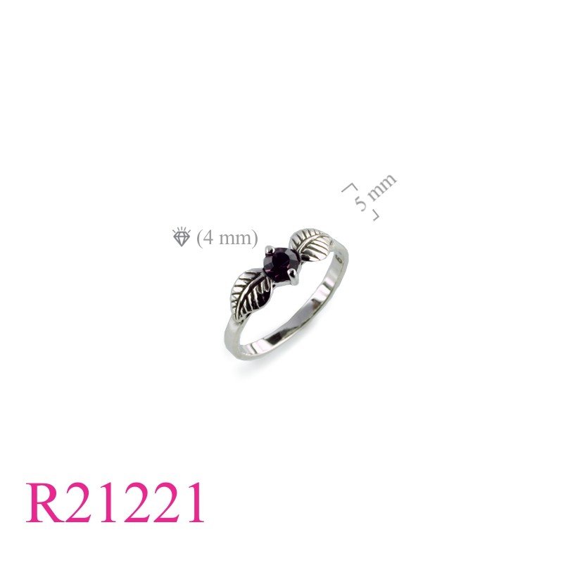 Ring, 4mm round Amethyst cystal stone and 2 leaves.
