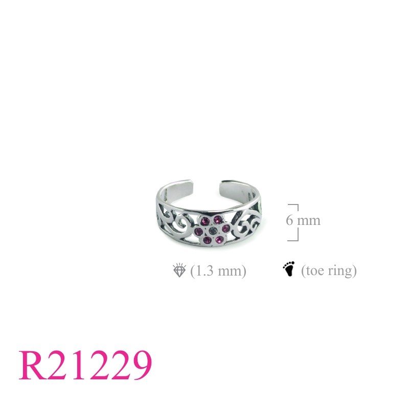openwork flower design toe ring with small crystals.