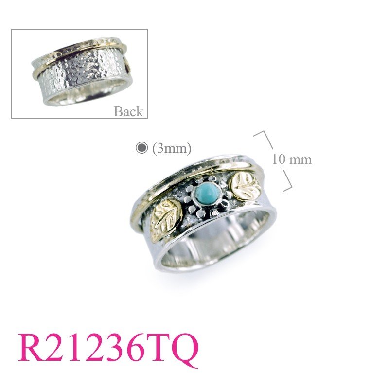 10mm Turquoise leaves Ring with hammered band and Brass.