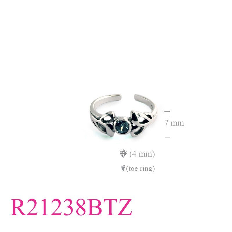 openwork leaves Toe Ring with round Blue Topaz CZ.