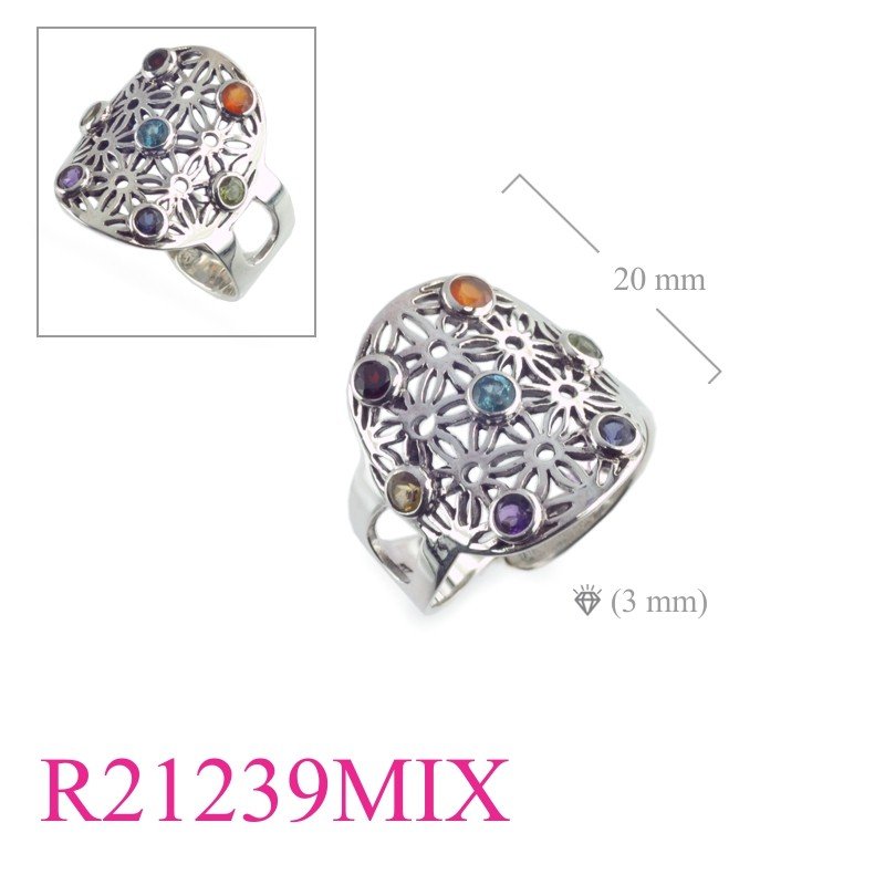 Ring, openwork Flower of life with 7 colours stones.