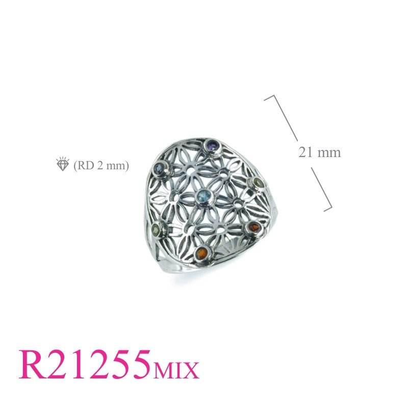 Ring, Flower of life with 7 colours stones.