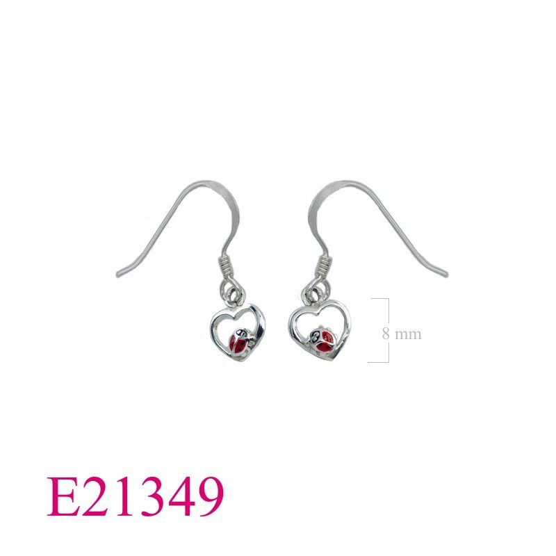 Ladybug Earrings, Heart Earrings, enamel  on .