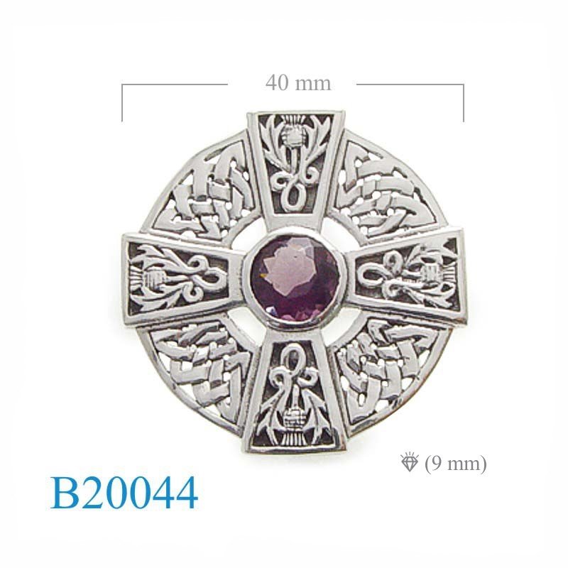 Thistle celtic cross Brooch with Amethyst colour glass.